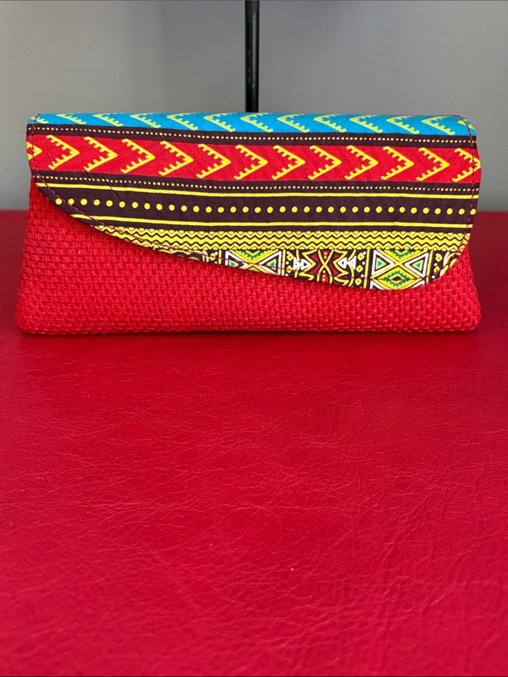 Red Woven Clutch with Multicolor Tribal Flap